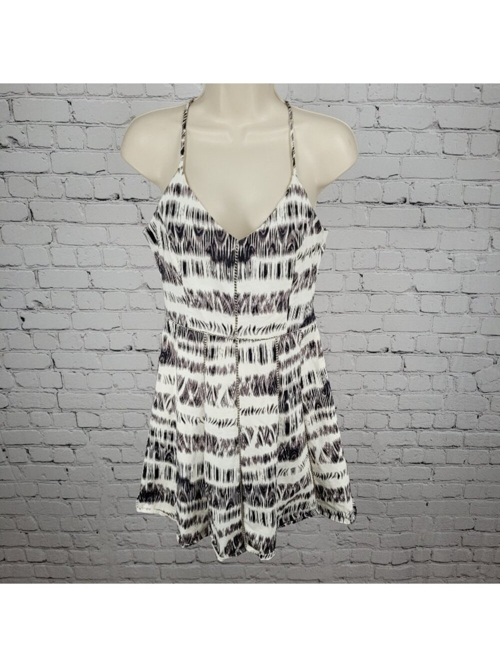 Parker White & Grey Print Strappy Fit & Flare Lined Stretch Dress Size Medium M